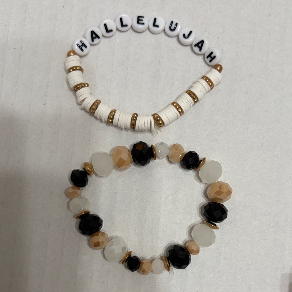 White & Beige Beaded Stretch Bracelet Set - Women Jewelry